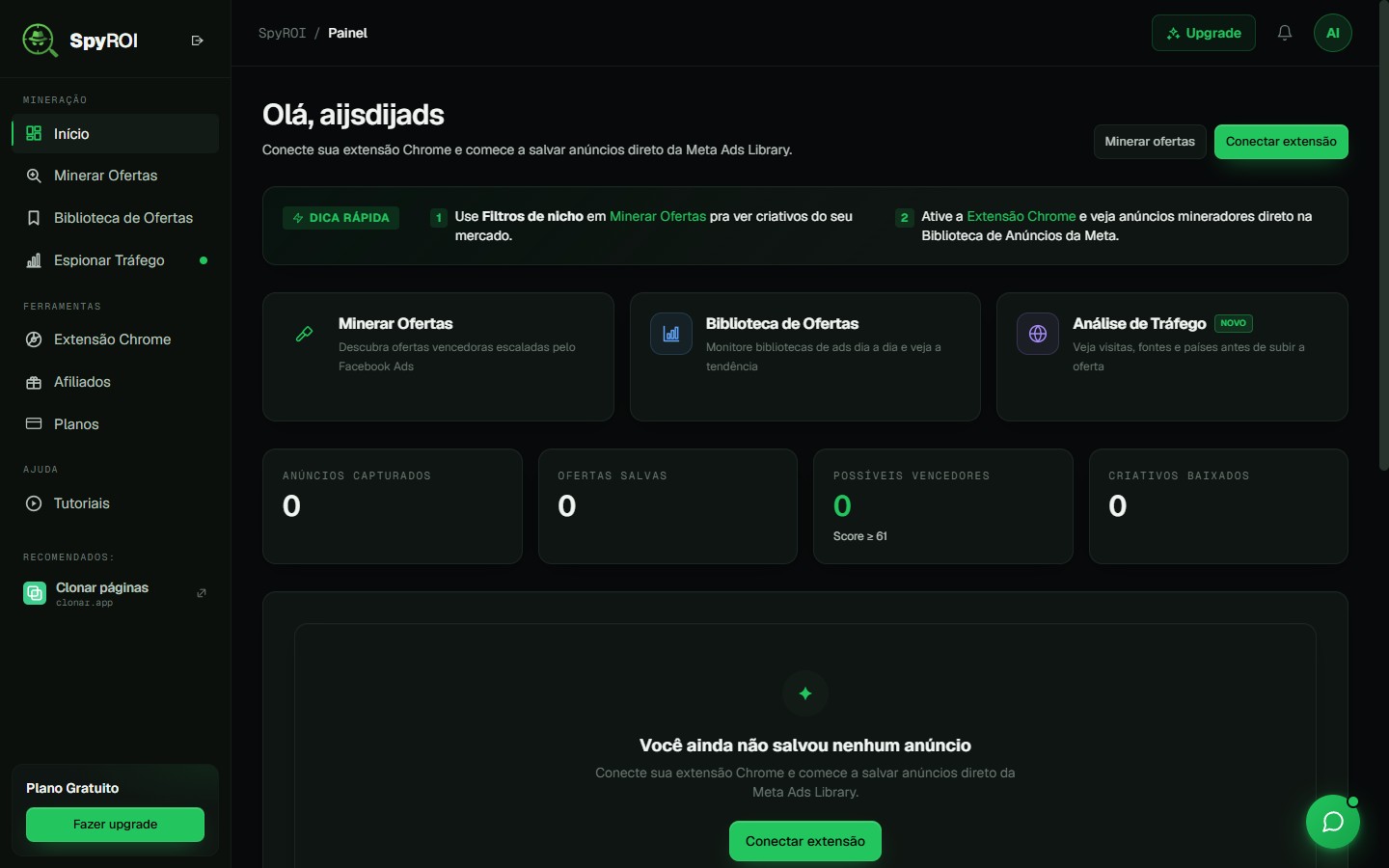 Dashboard SpyROI com atalhos pra Minerar, Biblioteca de Ofertas e Análise de Tráfego