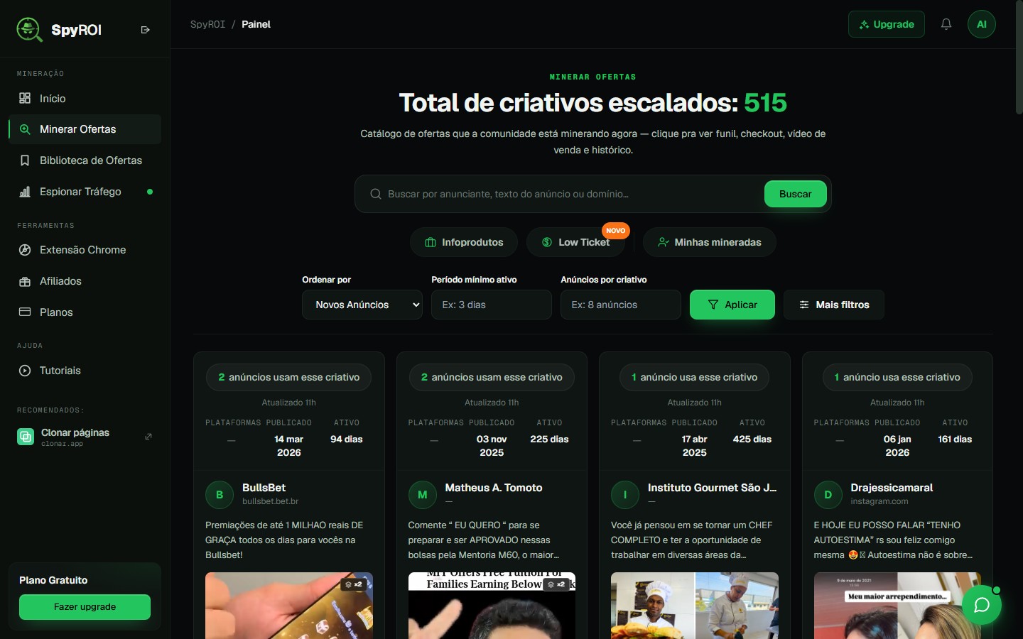Painel SpyROI mostrando pool de ofertas em escala